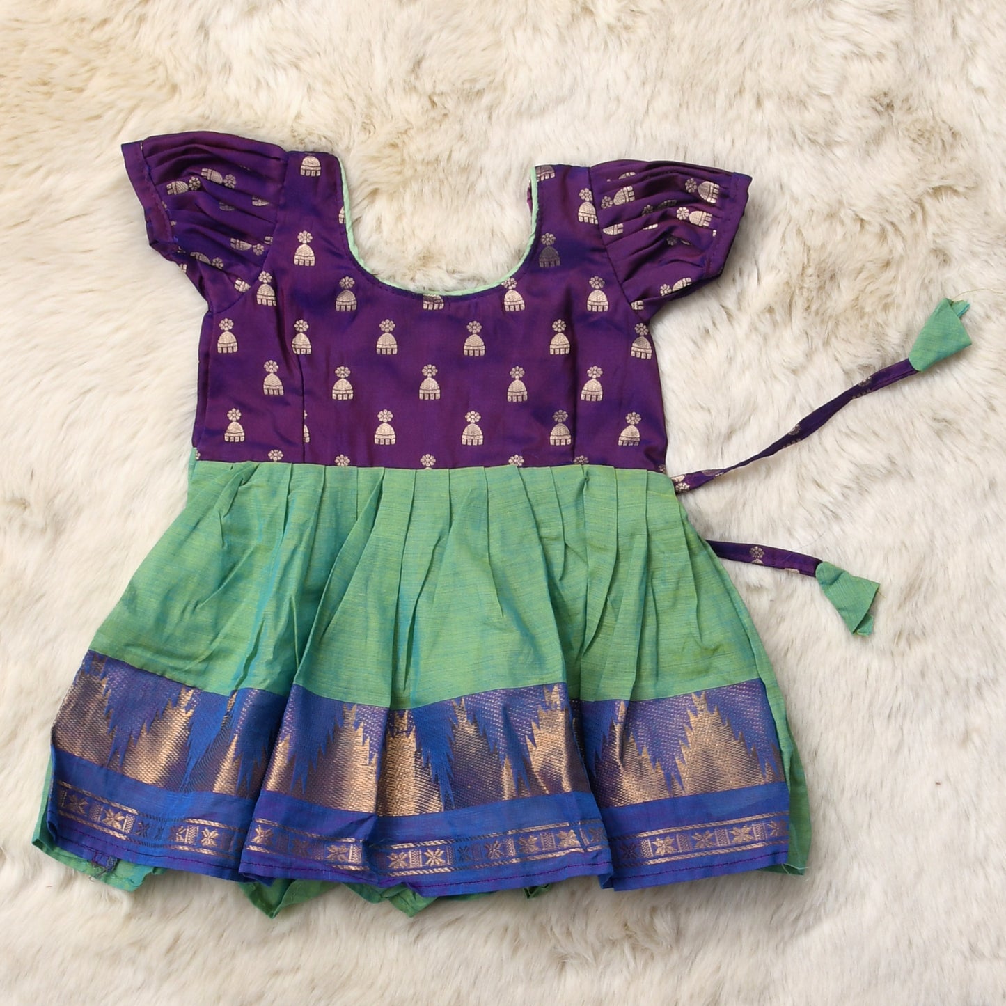 Deepest purple with light green (bow) - Kanchi Cotton South Indian Ethnic wear for Baby Girl