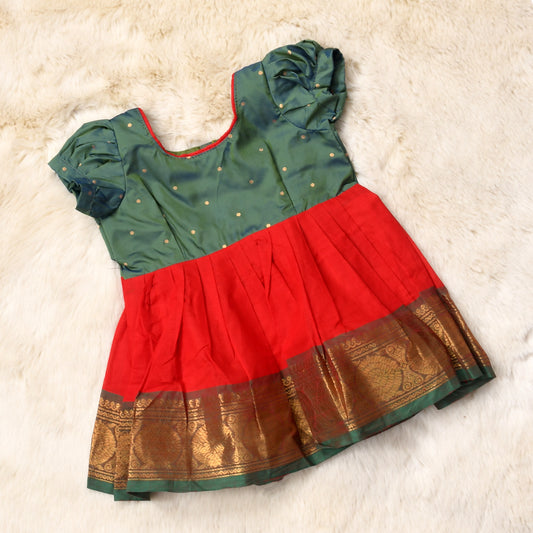 Dual green with brick red - Kanchi Cotton South Indian Ethnic Frock for Baby Girl