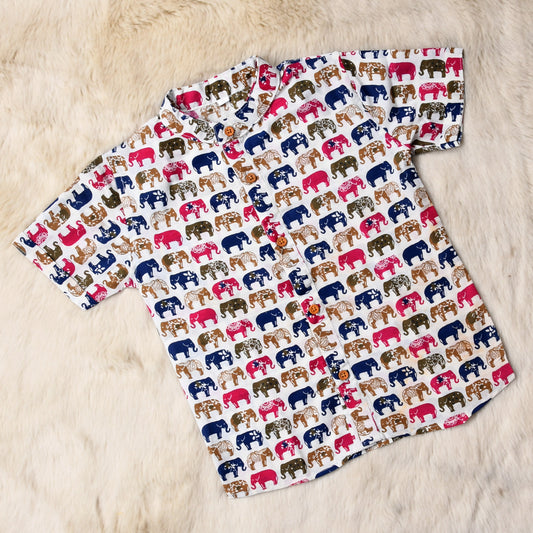 Indian print multicolor elephants - casual, comfortable, breathable, soft organic 100% cotton chinese collar shirt for baby boy