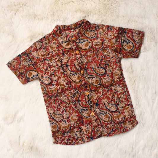 Indian print brown kalamkari - casual, comfortable, breathable, soft organic 100% cotton chinese collar shirt for baby boy