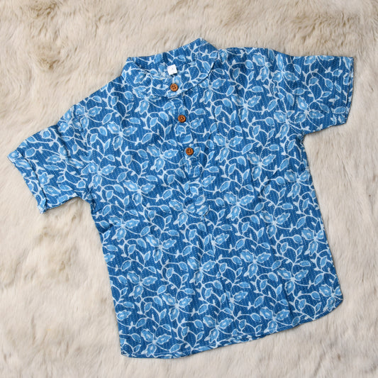 Indian print sky blue - casual, comfortable, breathable, soft organic 100% cotton chinese collar shirt for baby boy