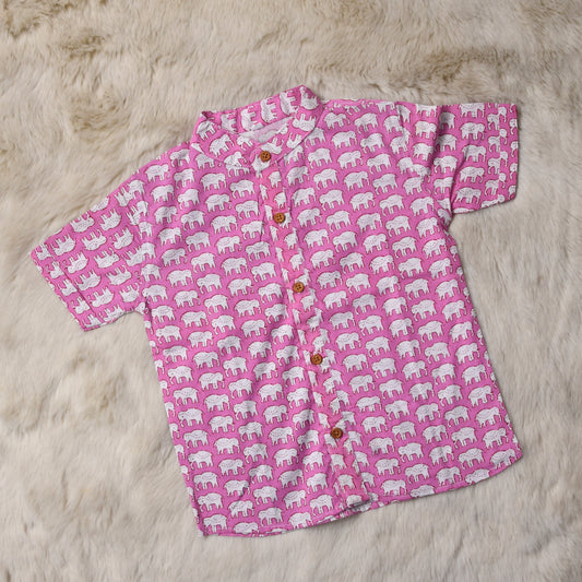 Indian print baby pink elephants - casual, comfortable, breathable, soft organic 100% cotton chinese collar shirt for baby boy