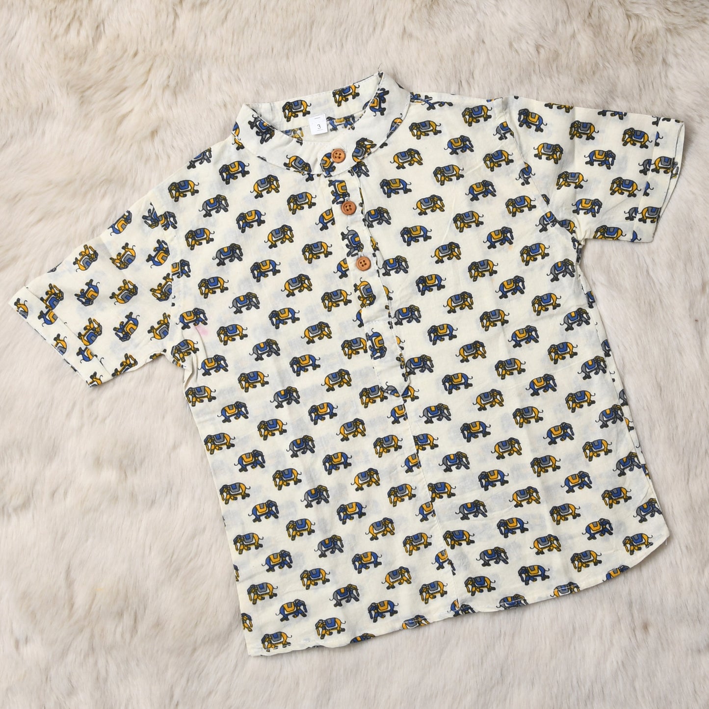 Indian print elephants - casual, comfortable, breathable, soft organic 100% cotton chinese collar shirt for baby boy