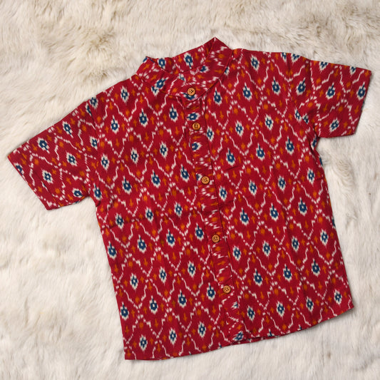 Indian print red pochampally - casual, comfortable, breathable, soft organic 100% cotton chinese collar shirt for baby boy