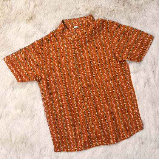 Indian print orange wave- casual, comfortable, breathable, soft organic 100% cotton chinese collar shirt for baby boy