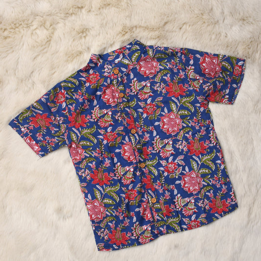 Indian print floral blue- casual, comfortable, breathable, soft organic 100% cotton chinese collar shirt for baby boy