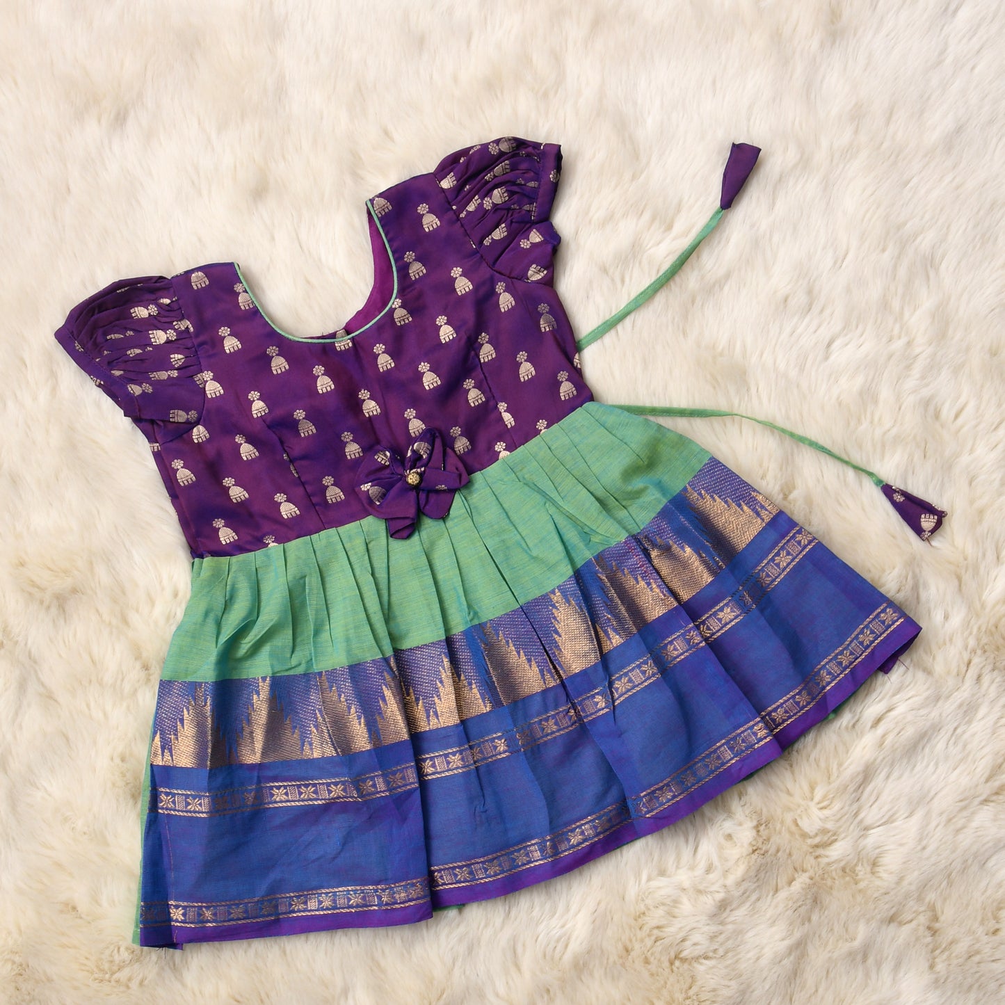 Deepest purple with light green (vintage bow) - Kanchi Cotton South Indian Ethnic wear for Baby Girl