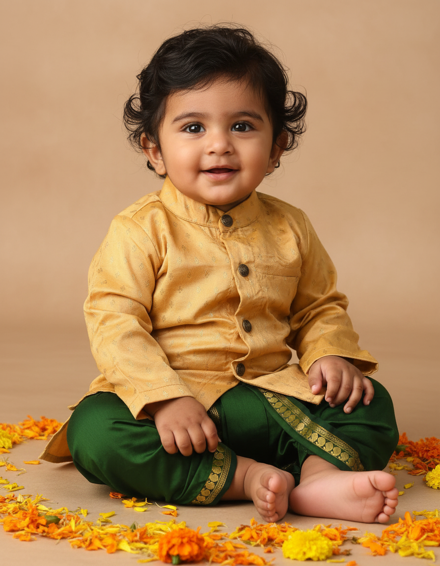 Golden hue semi silk kurta baby boy ethnic Kurta with green dhoti set