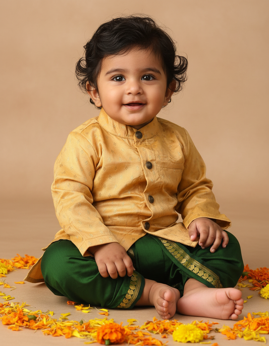 Golden hue semi silk kurta baby boy ethnic Kurta with green dhoti set