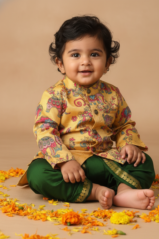 Traditional Indian Yellow Aane Print Baby Boy Silk Kurta Green Dhoti Set