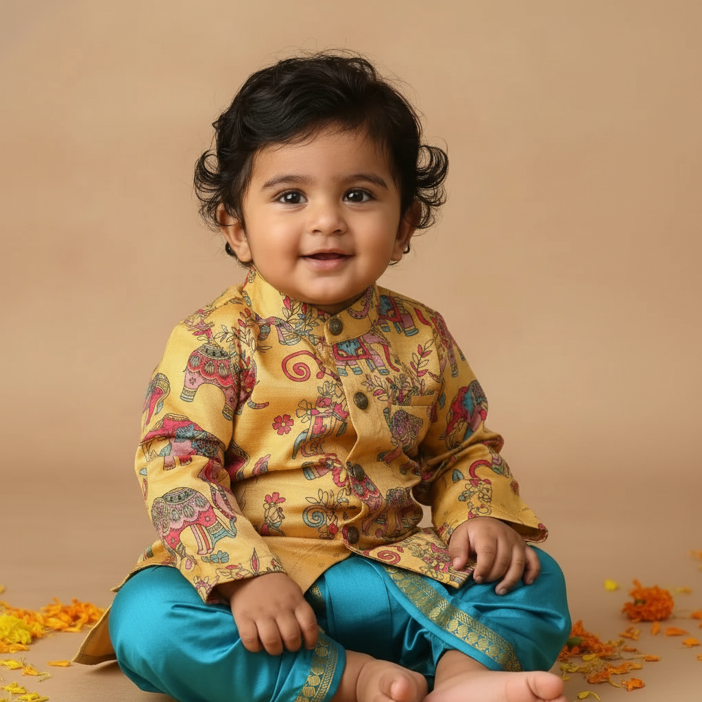 Traditional Indian Yellow Aane Print Baby Boy Silk Kurta and Sky blue Dhoti Set