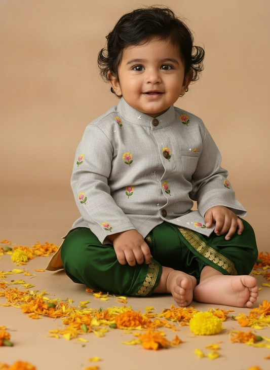 Pure Linen Light Grey with Bottle green Kurta Dhoti for baby boy
