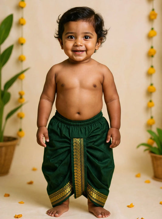 Bottle green with zari border cotton silk dhoti baby boy ethnic bottom wear