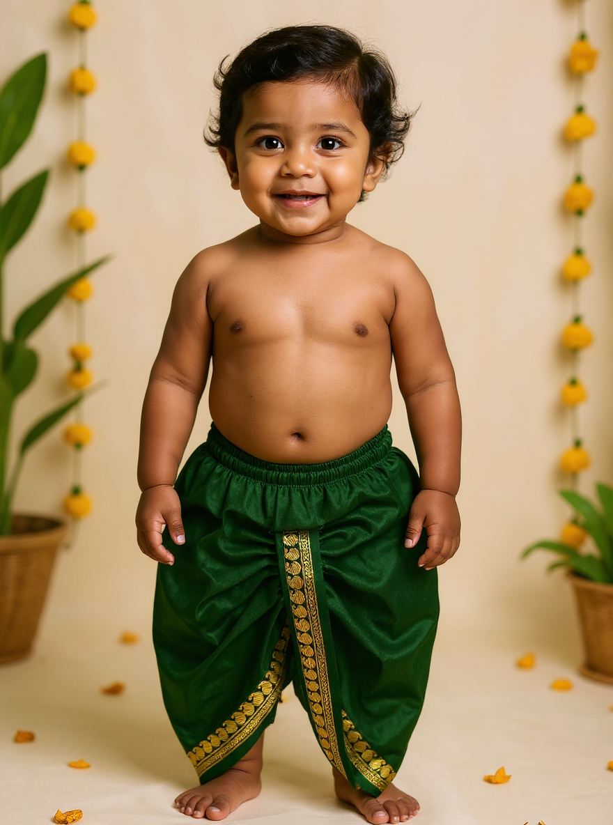 Bottle green with zari border cotton silk dhoti baby boy ethnic bottom wear