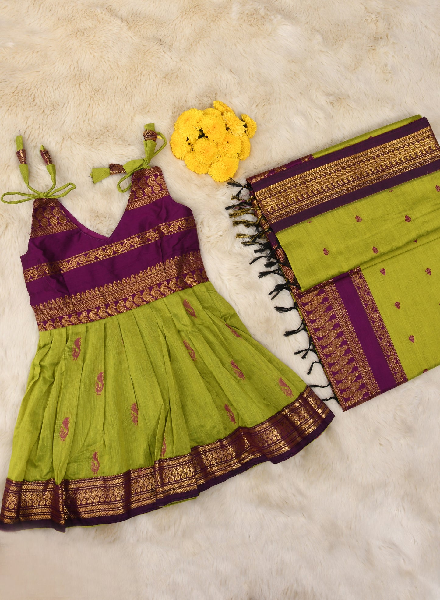Green and wine - tie up frock & saree mom and daughter combo set