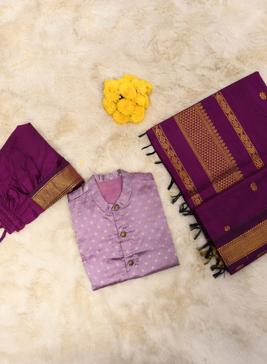 Lavendar and wine - dhoti kurta & saree mom and son combo set