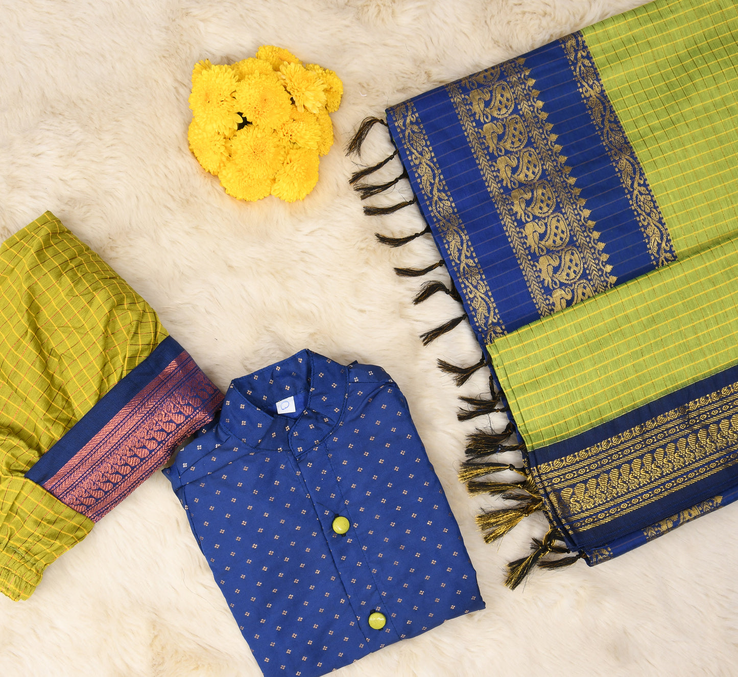 Green and blue - dhoti kurta & saree mom and son combo set