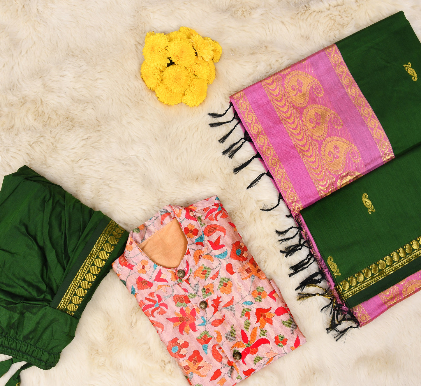 Kalamkari and green - dhoti kurta & saree mom and son combo set