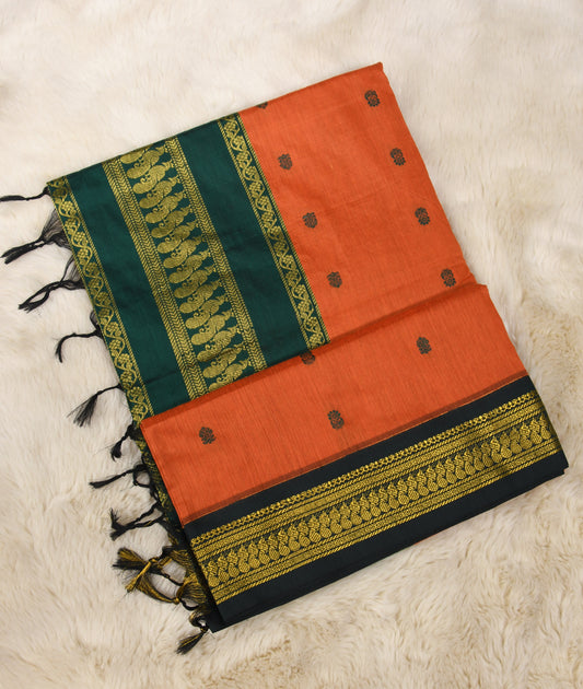 Rusty Orange with Green Border  Premium Cotton Silk Saree with Contrast Blouse
