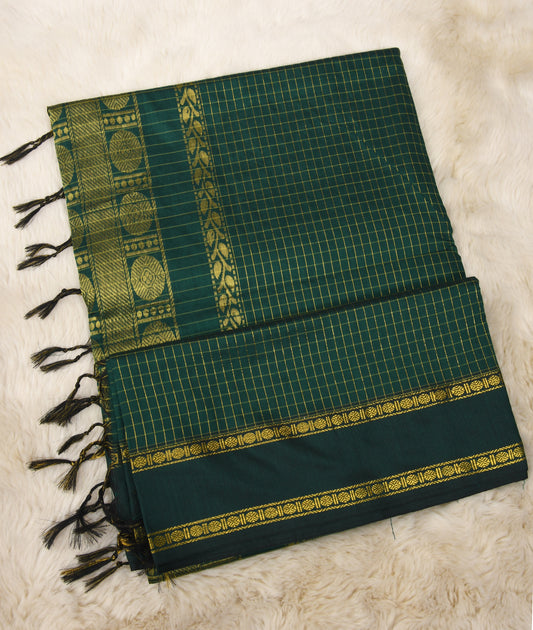 Bottle Checked Green  Premium Cotton Silk Saree with Contrast Blouse