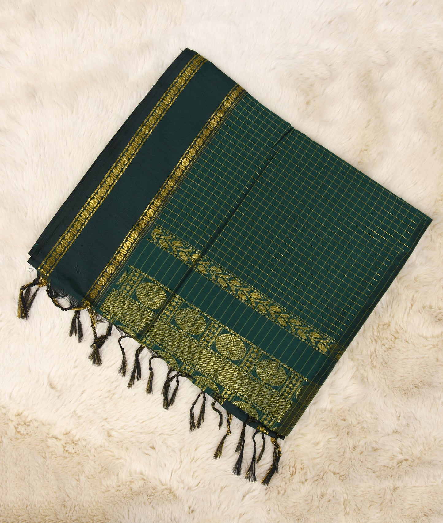 Bottle Checked Green  Premium Cotton Silk Saree with Contrast Blouse