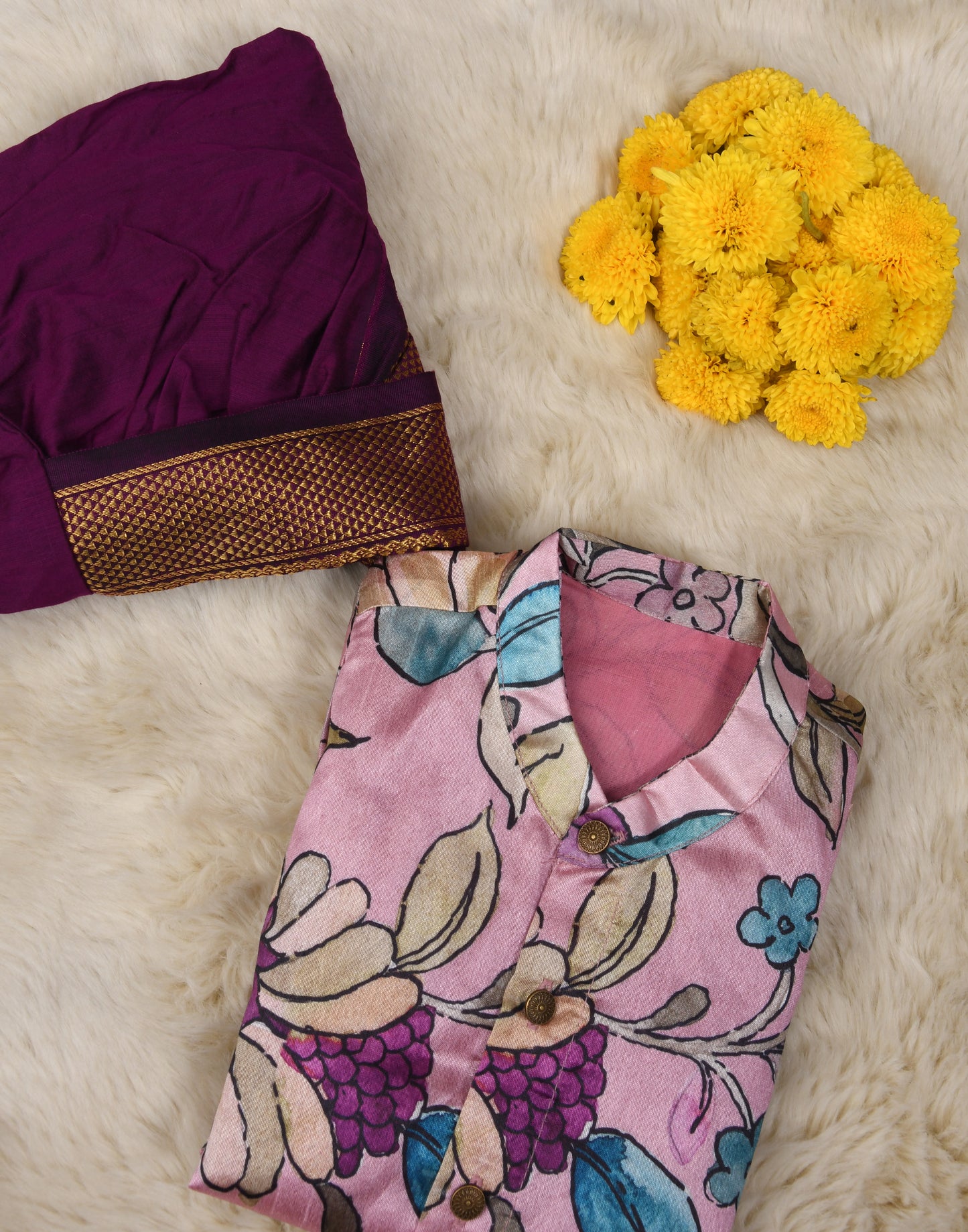 Traditional Indian Handpainted Style wine and lavender Silk Dhoti Kurta for Boy | Ethnic wear for baby boy