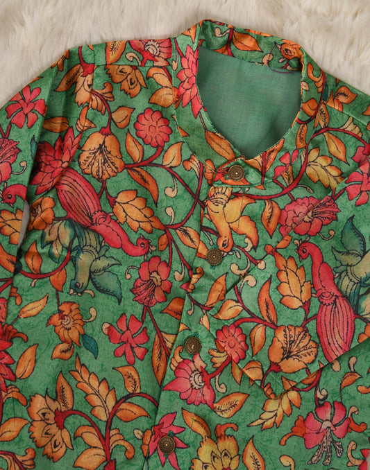 Traditional Indian Kalamkari Musk Lorikeet green Silk Kurta Top