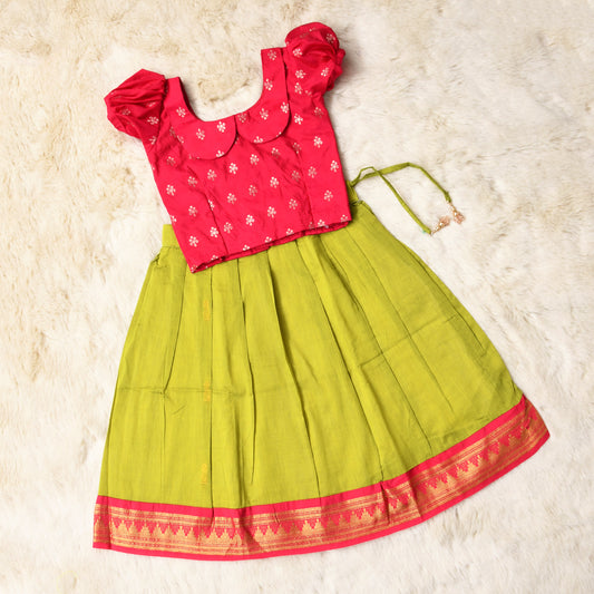 Radha - Festive pink and parrot green kanchi cotton south Indian ethnic wear langa blouse for baby girl