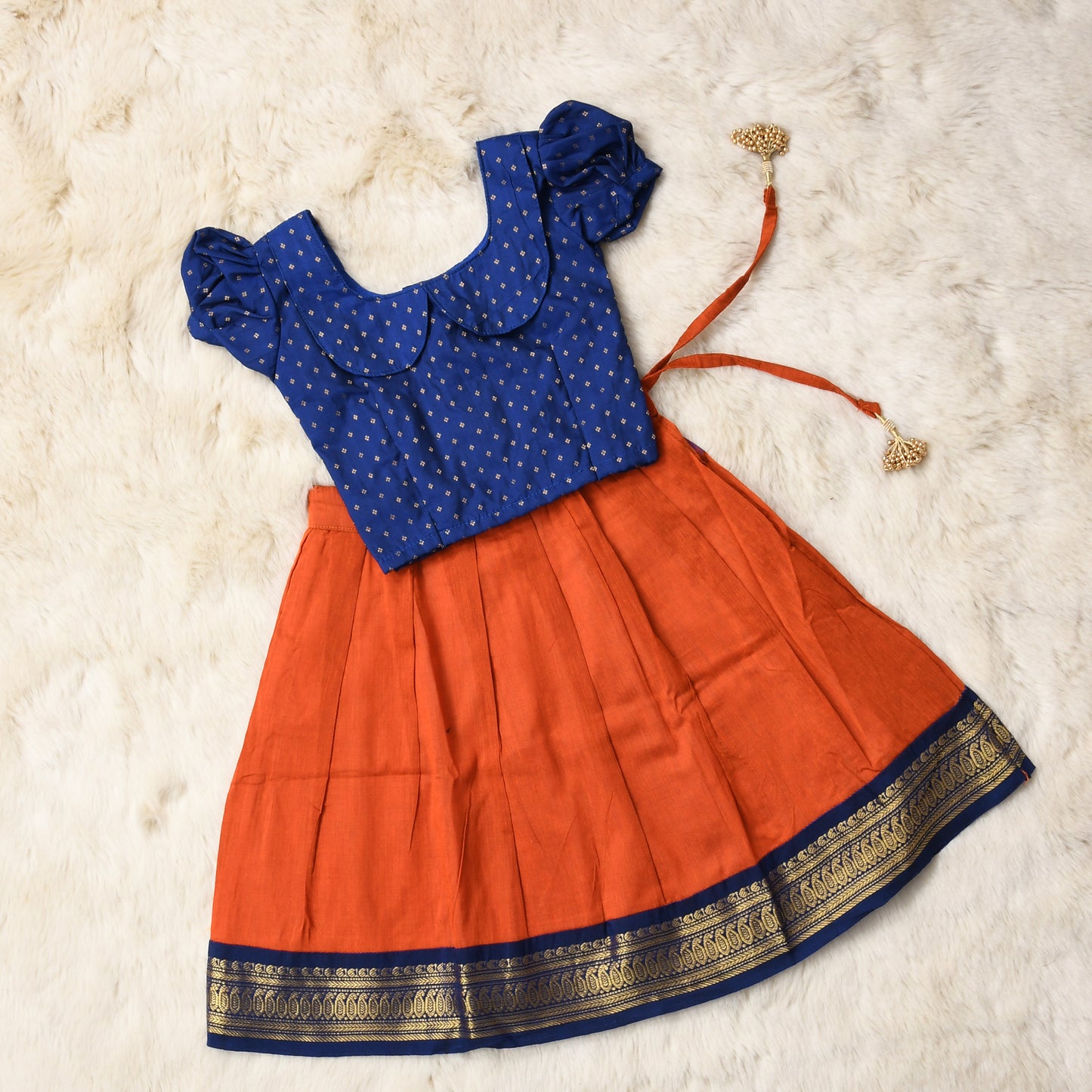 kalki - Rusty Orange and navy blue kanchi cotton south Indian ethnic wear langa blouse for baby girl