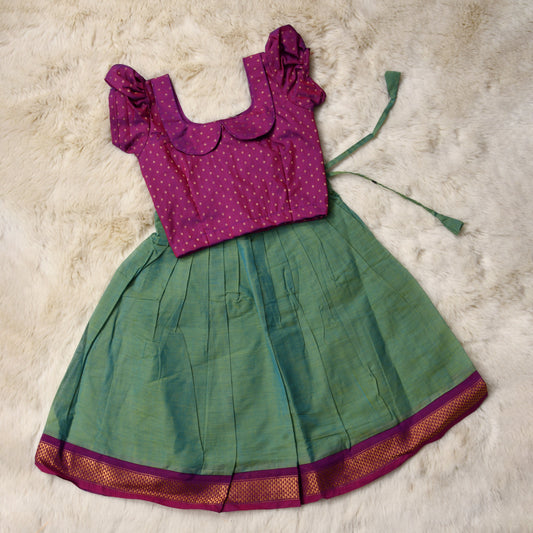 Akilandeshwari - Dark pink and green kanchi cotton south Indian ethnic wear langa blouse for baby girl