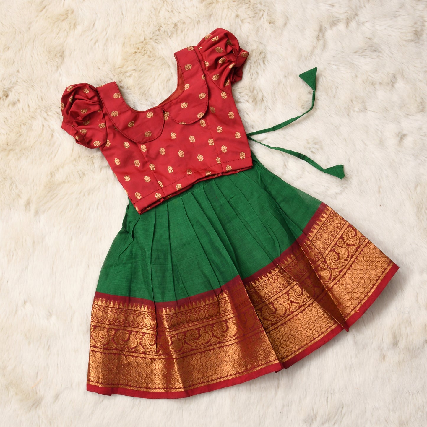 Shakti - maroon and bottle green kanchi cotton south Indian ethnic wear langa blouse for baby girl (Big border)