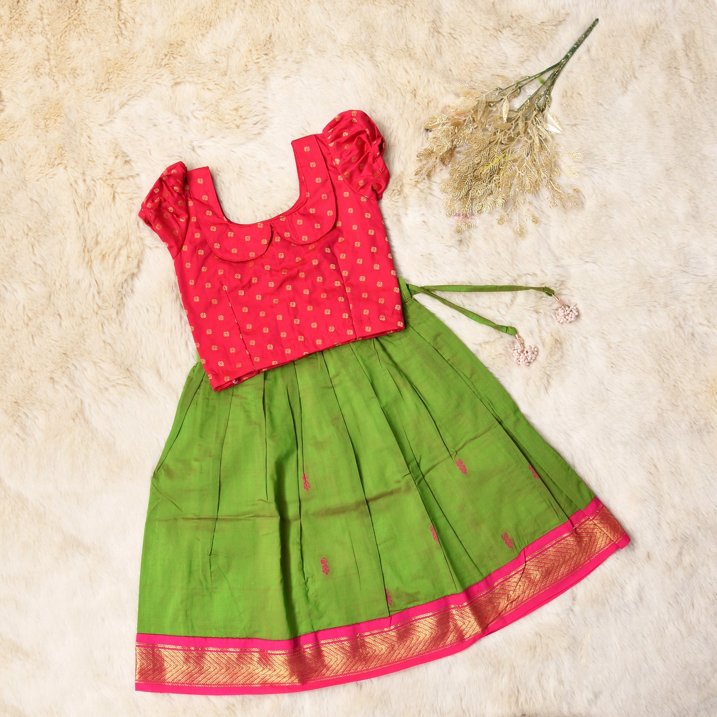 Jambavati - pink and parrot green kanchi cotton south Indian ethnic wear langa blouse for baby girl