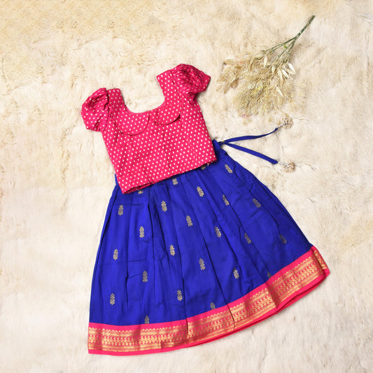 Divya - Royal Blue and Pink kanchi cotton south Indian ethnic wear langa blouse for baby girl