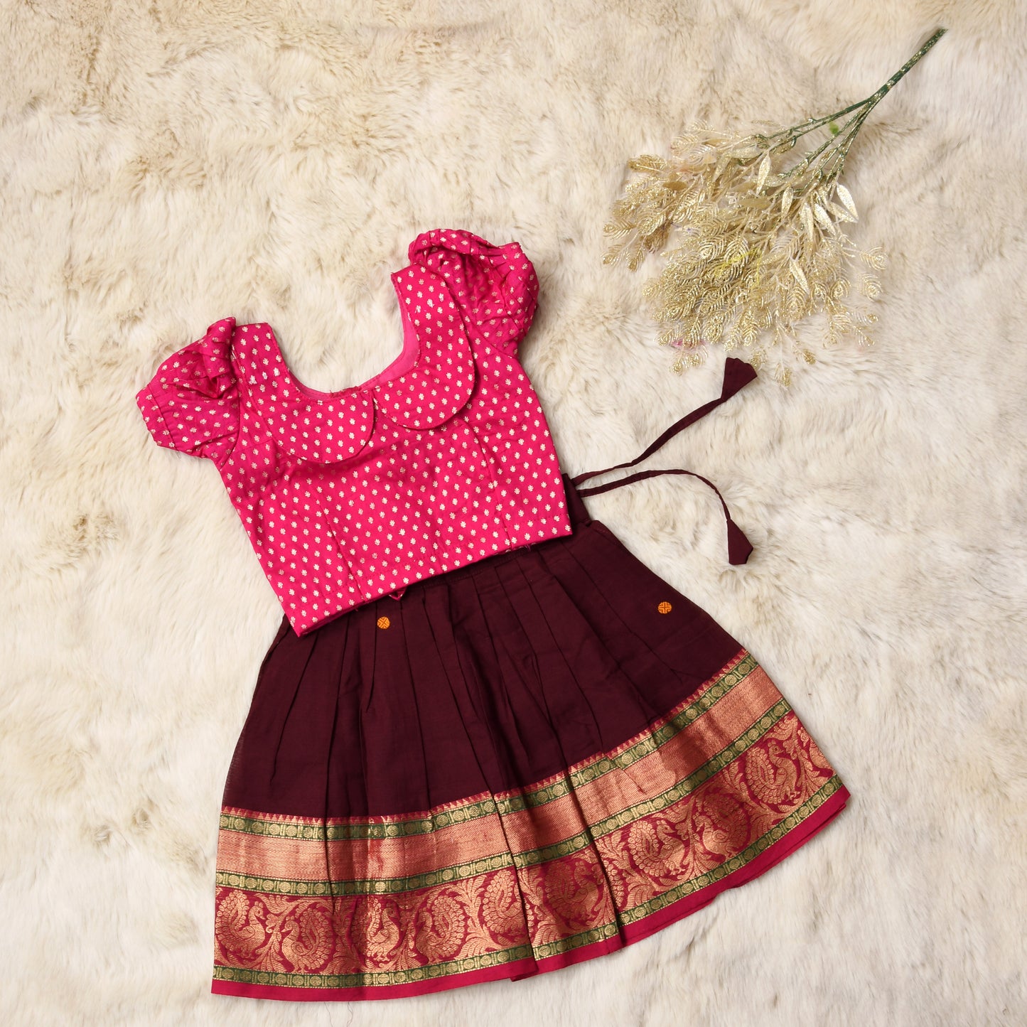 Daksha - Chocolate brown and Pink kanchi cotton south Indian ethnic wear langa blouse for baby girl