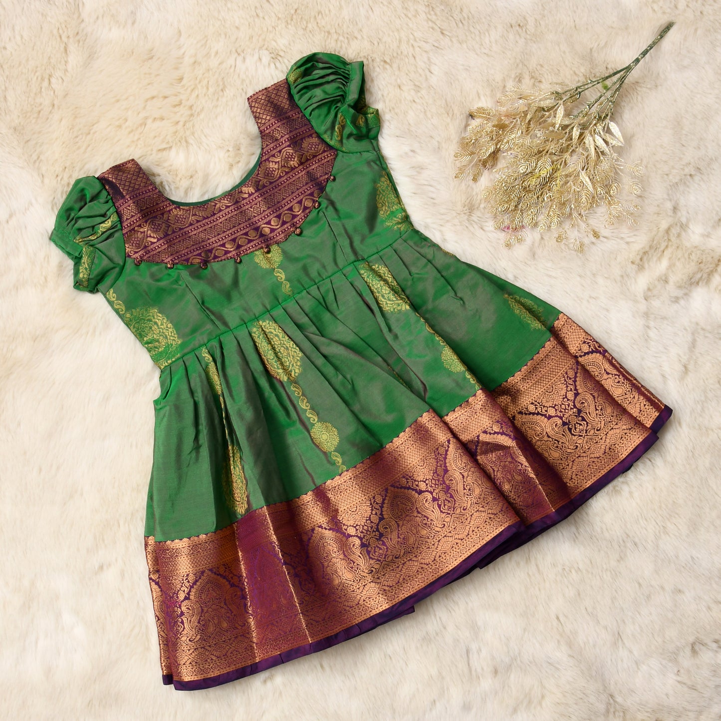 Ananya - Bottle green with purple pattu silk ethnic wear for baby girl