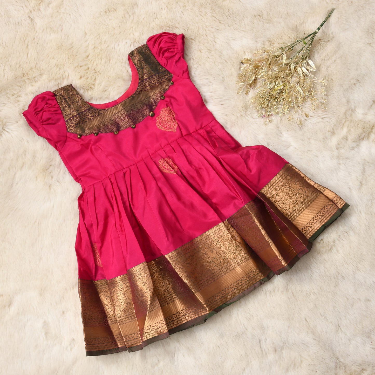 Rutvi - Festive pink with dark brown pattu silk ethnic wear for baby girl