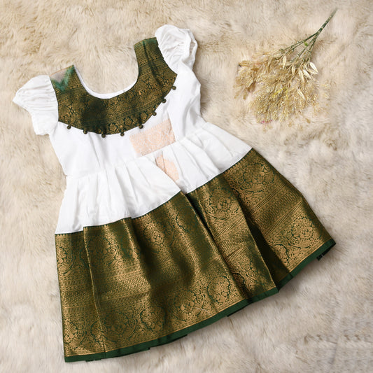 Aashvi - Pure white with bottle green pattu silk ethnic wear for baby girl