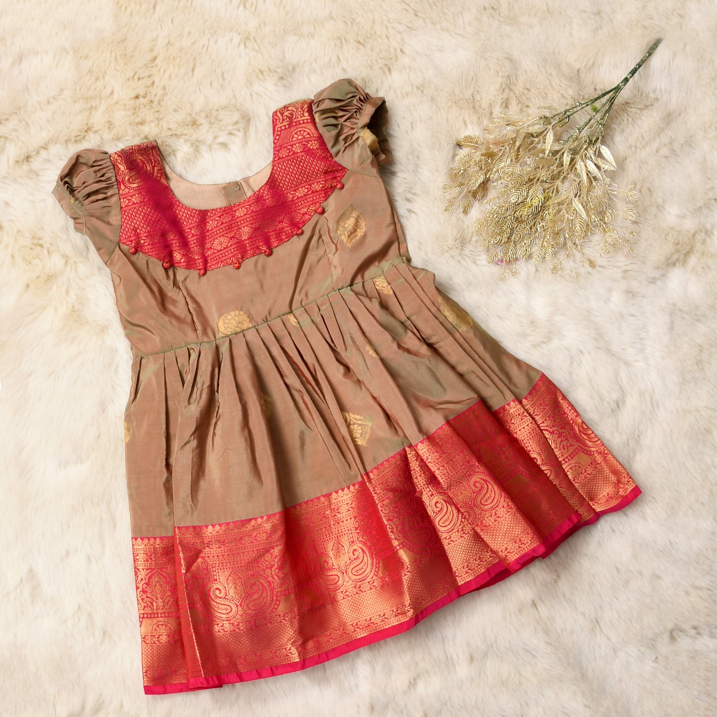 Ayra - Khaki with crimson pattu silk ethnic wear for baby girl