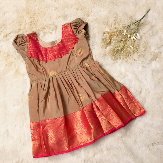 Ayra - Khaki with crimson pattu silk ethnic wear for baby girl