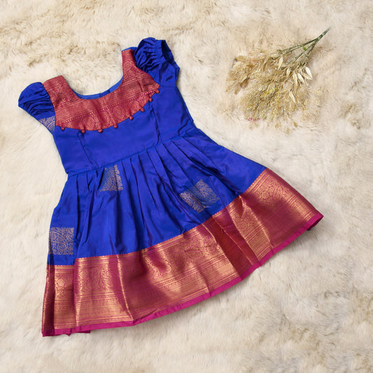 Kayra - Royal blue with magenta pattu silk ethnic wear for baby girl