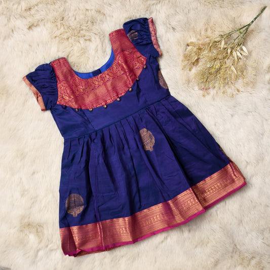 Aarvi - Dark blue with magenta pattu silk ethnic wear for baby girl