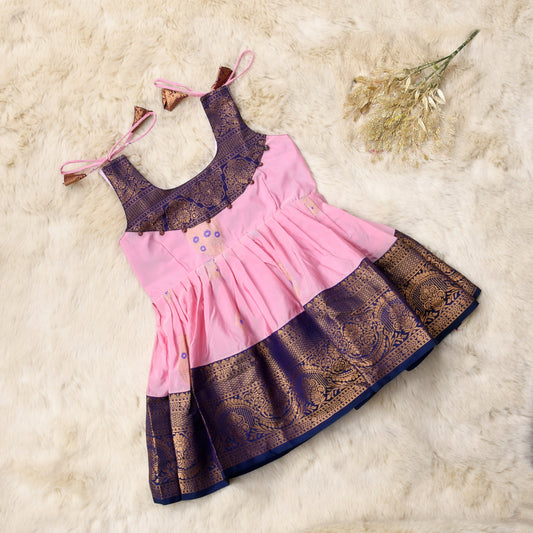 Nitara - Baby pink with navy blue pattu silk ethnic wear for baby girl