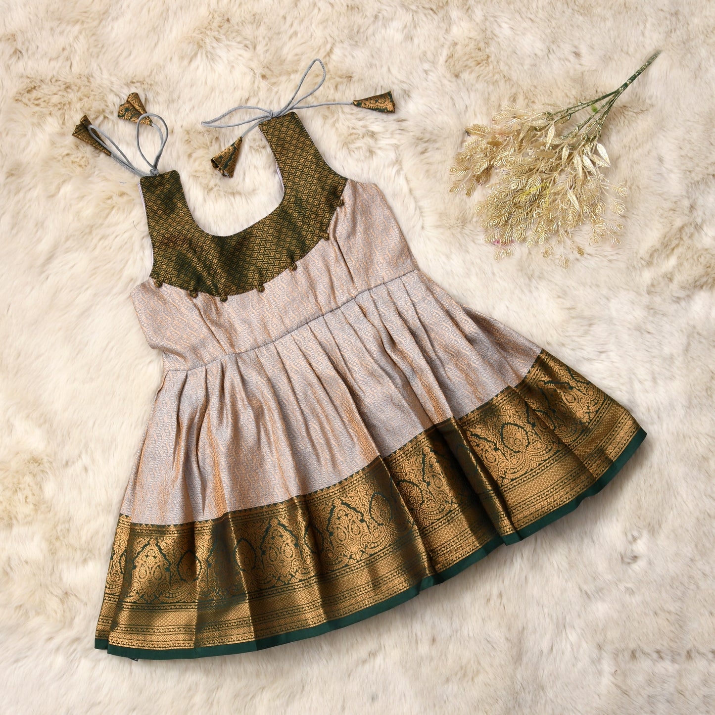 Shreenika - Light grey with bottle green pattu silk ethnic wear for baby girl