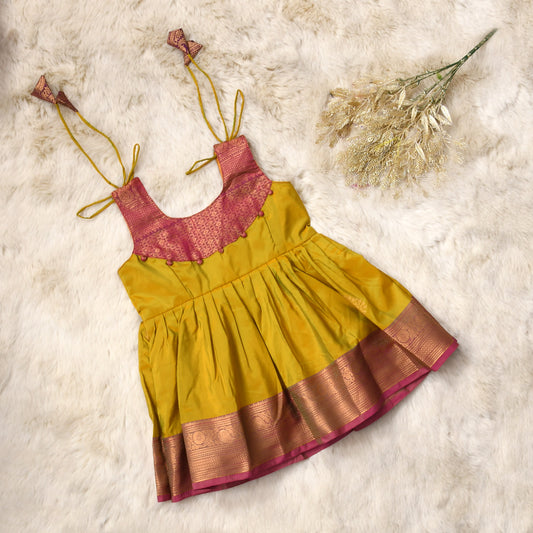 Aaradhya - Mustard yellow with pink pattu silk ethnic wear for baby girl