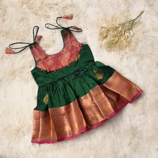 Riyanshika - Bottle green with deep pink pattu silk ethnic wear for baby girl