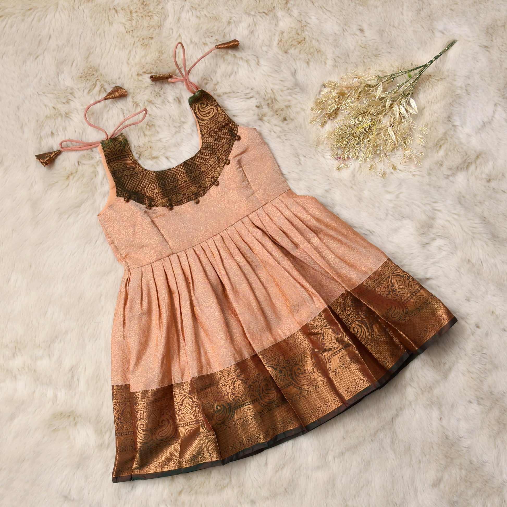 Samriddi peach pink with green pattu silk ethnic wear for baby girl