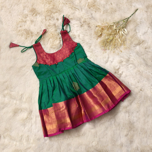 Jisha - Green with deep pink pattu silk ethnic wear for baby girl