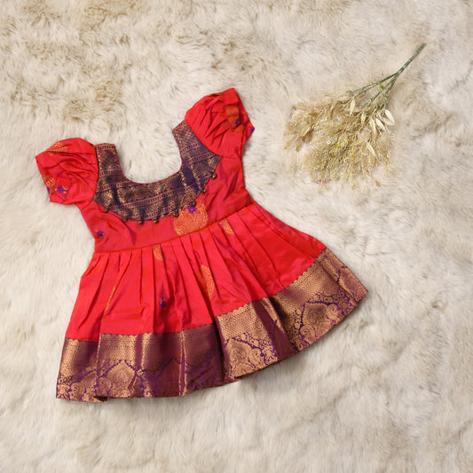 Avika - Orange with purple pattu silk ethnic wear for baby girl