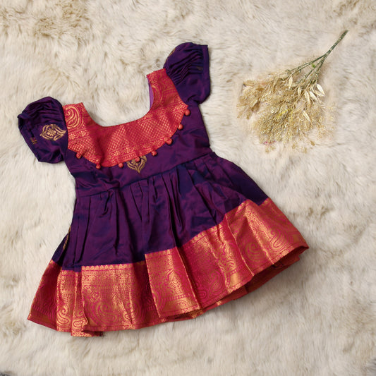 Kashavi - Pinkish orange with purple pattu silk ethnic wear for baby girl