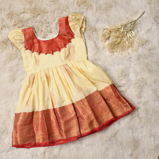 Niva - Cream with red pattu silk ethnic wear for baby girl